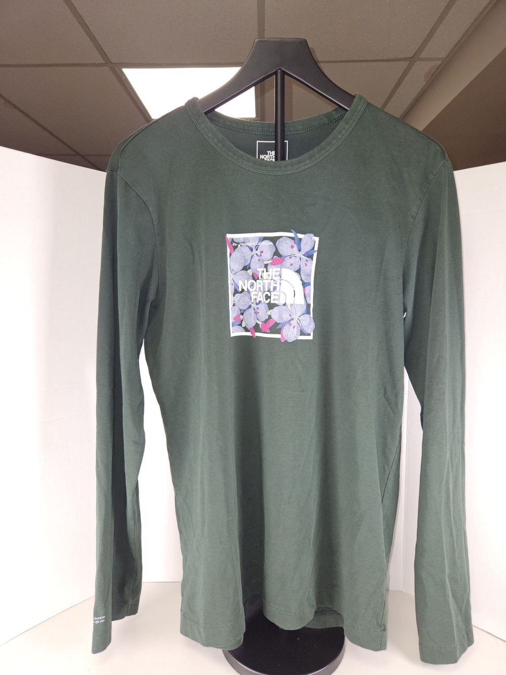 NORTH FACE Shirt Men Medium Floral Logo Long Sleeve Dark Green Outdoors